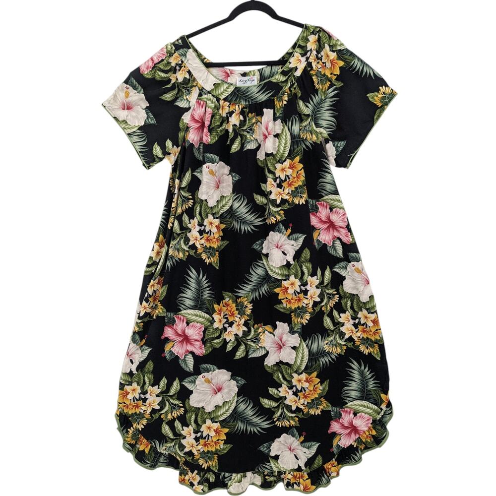 Vintage 1980's KARYL KAYE HAWAIIAN MUMU Cotton Crepe Floral Ruffle Midi Dress 1X